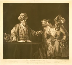 Rzymski centurion Korneliusz nakazuje swoim sługom udać się do Joppy, aby poprosić apostoła Piotra, aby odwiedził go w Cezerei, ryty przez Jamesa Warda (1769-1859) 1800 (brązowy i biały grawerunek)